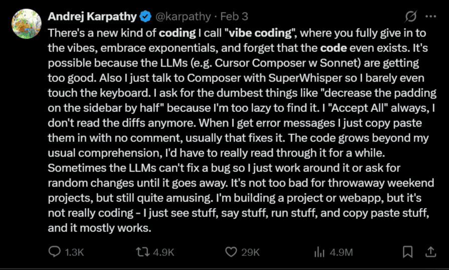 Andrej karpathy on vibe coding tweet
