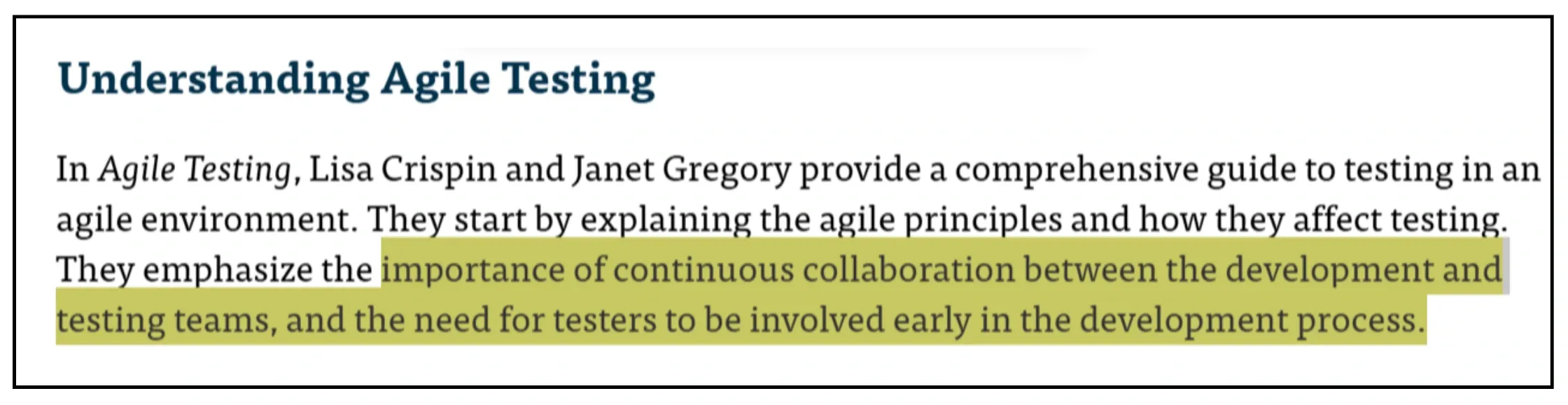 A text screenshot expressing what is Agile testing?