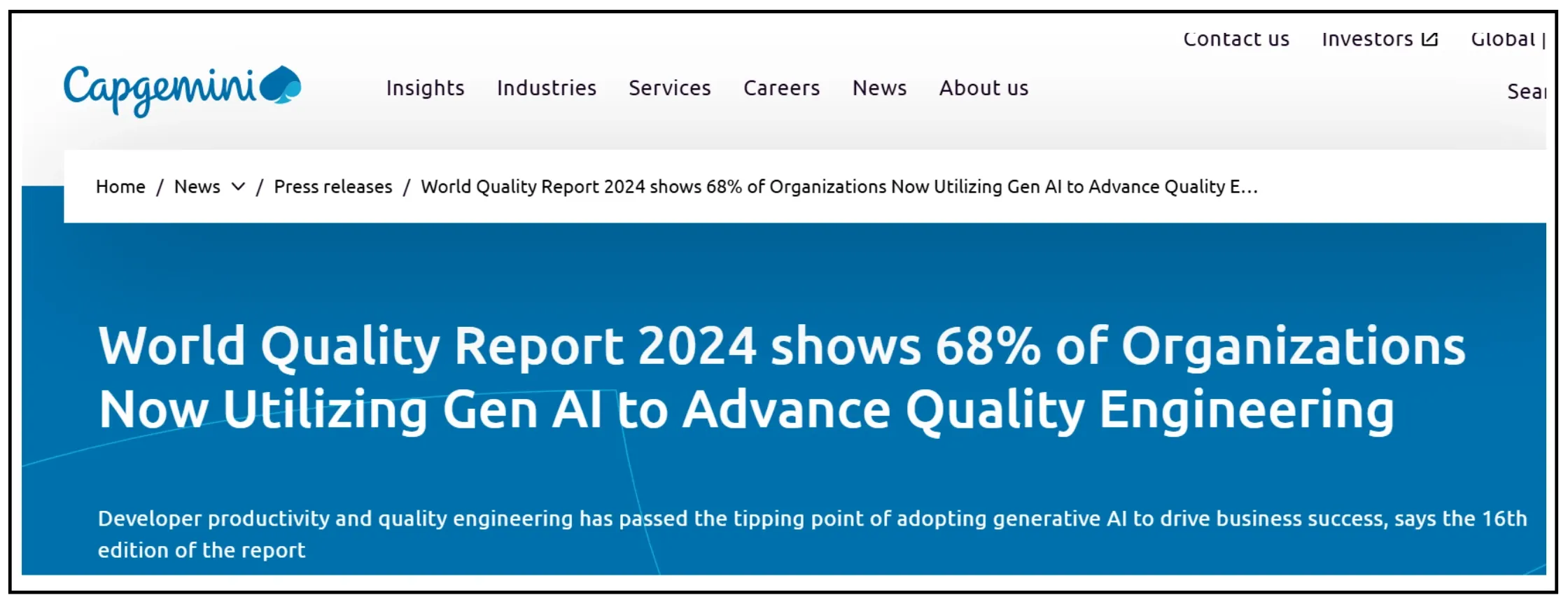 Capgemini webpage shot stating: 'World Quality Report 2024 shows 68%