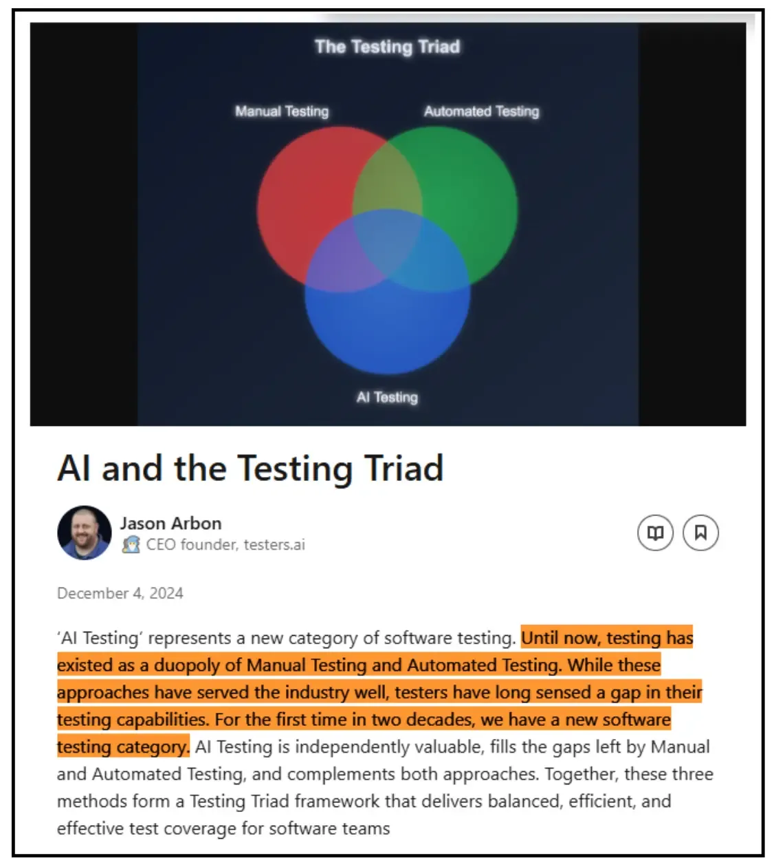  blog post titled 'AI and the Testing Triad' by Jason Arbon, CEO and founder of testers.ai,