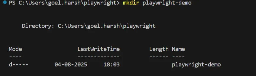 new project create in playwright