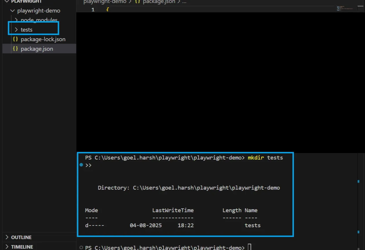 creating test folder in playwright